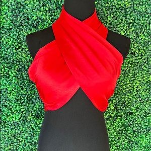 Red Satin Halter Crossover Top $23